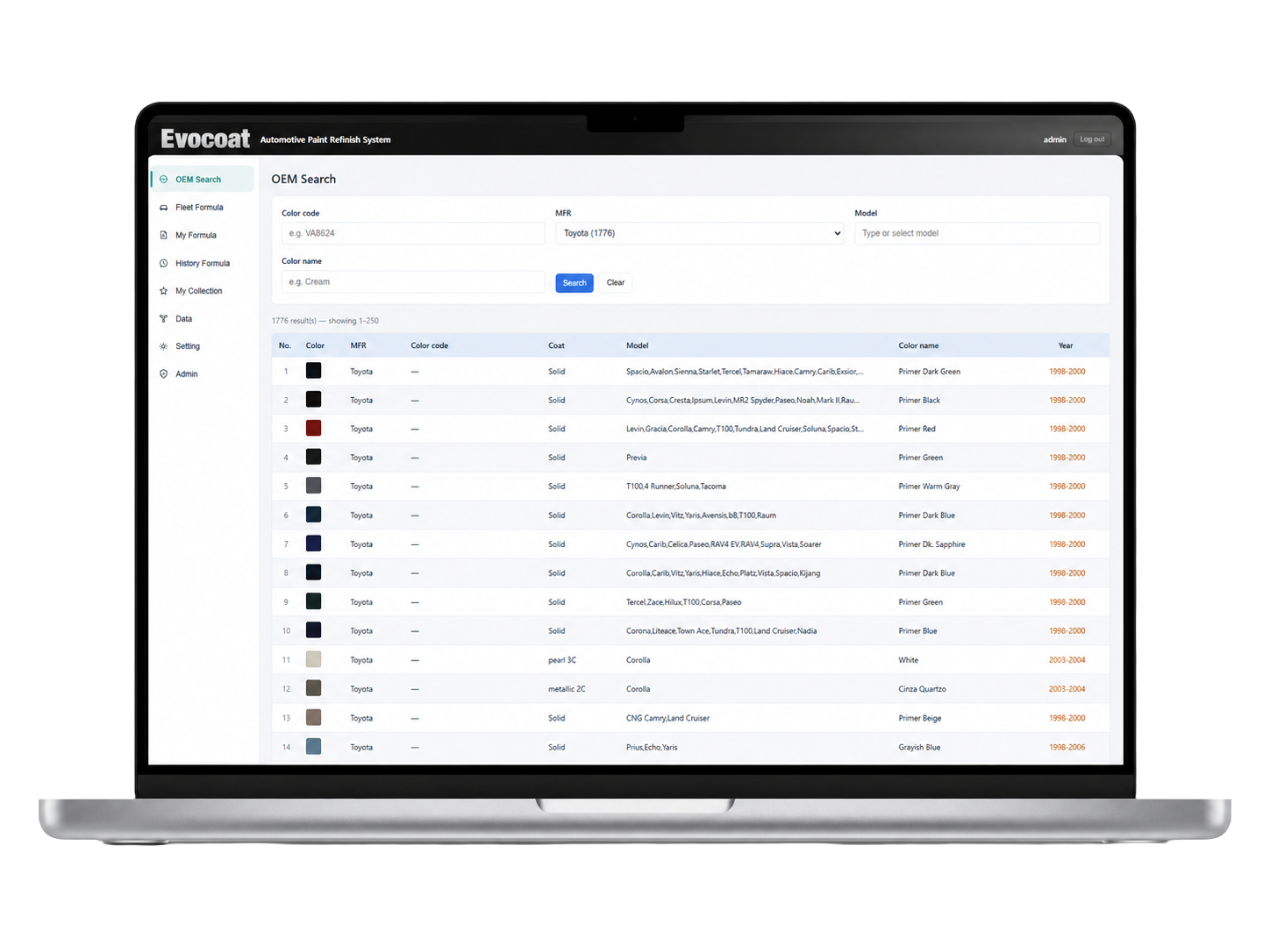 Evocoat OEM Search on laptop